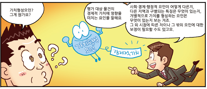 진행자: 가치형성요인? 그게 뭔가요?, 평가사: 평가 대상 물건의 경제적 가치에 영향을 미치는 요인을 말해요. 사회·경제·행정적 요인이 어떻게 다른지, 다른 지역과 구별되는 특징은 무엇이 있는지, 개별적으로 가치를 형성하는 요인은 무엇이 있는지 보는 거죠. 그 외 시점에 따른 차이나 그 밖의 요인에 대한 보정이 필요할 수도 있고요.