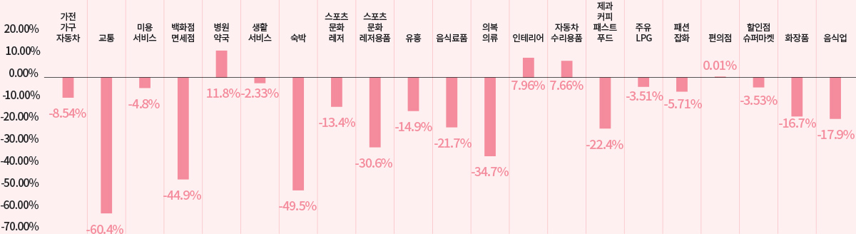 가전 가구 자동차 교통 미용 서비스 백화점 면세점 병원 약국 생활 서비스 숙박 스포츠 문화 레저 스포츠 문화 레저용품 유흥 음식료품 의복 의류 인테리어 자동차 수리용품 제과 커피 패스트푸드 주유 LPG 패션 잡화 편의점 할인점 슈퍼마켓 화장품 음식업 20.00% 10.00% 0.00% -10.00% -20.00% -30.00% -40.00% -50.00% -60.00% -70.00% -8.54% -60.4% 11.8% -4.8% -2.33% -44.9% -49.5% -13.4% -30.6% -14.9% -21.7% -34.7% 7.96% 7.66% -22.4% -3.51% -5.71% 0.01% -3.53% -16.7% -17.9%